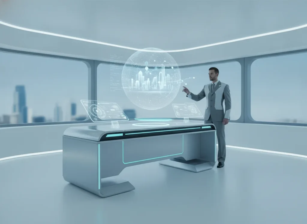 Clean corporate futurism, calm authoritative mood, crisp high-key