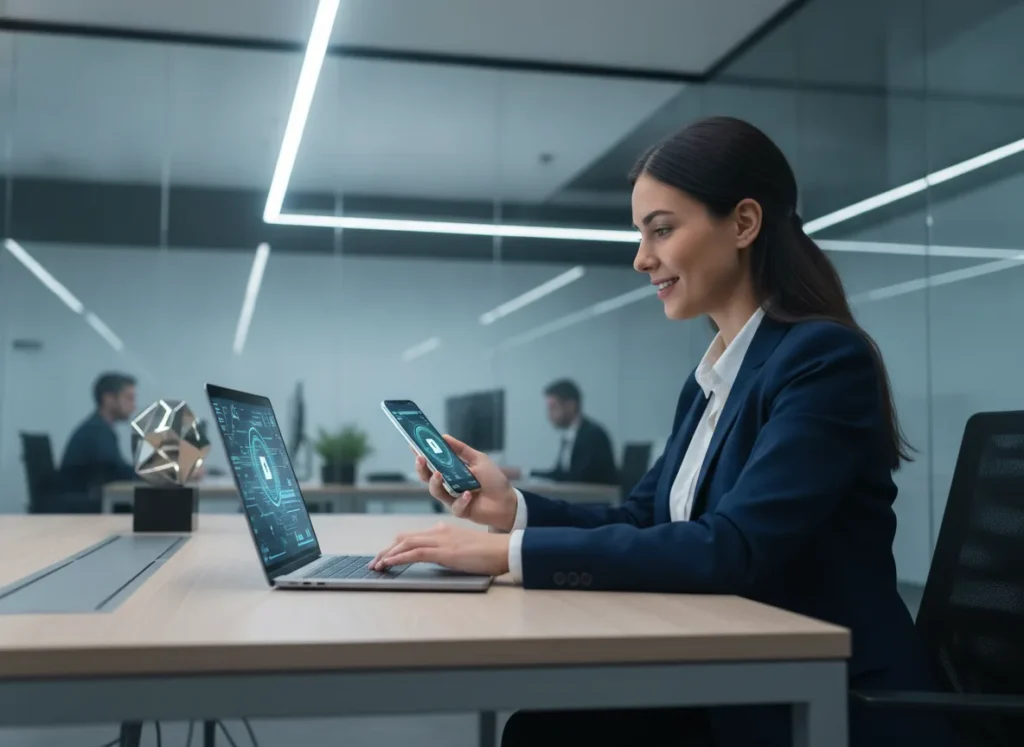 Professional real photo of a confident businessperson using