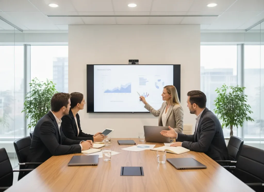 professional office meeting about secure online escrow, two
