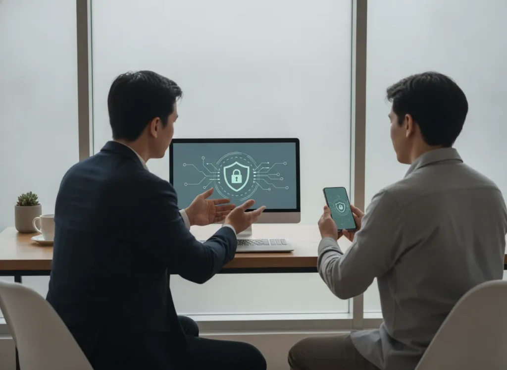 professional photo of a secure online transaction meeting,